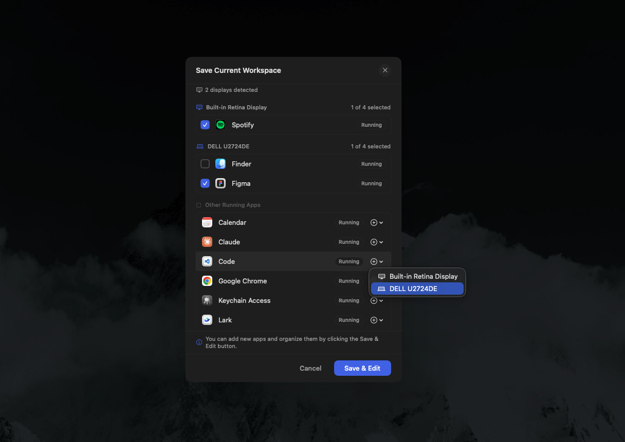 Choosing a display for an app from the plus button menu