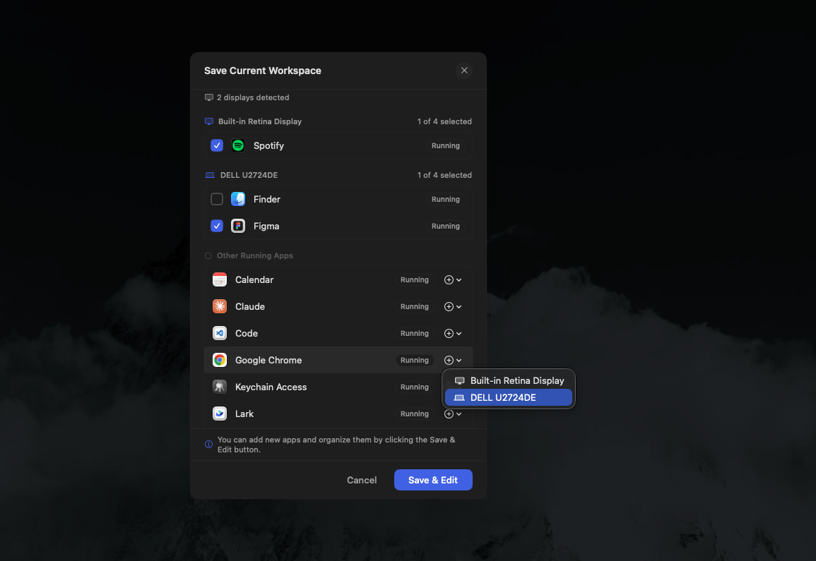 Assigning Google Chrome to the external display before saving