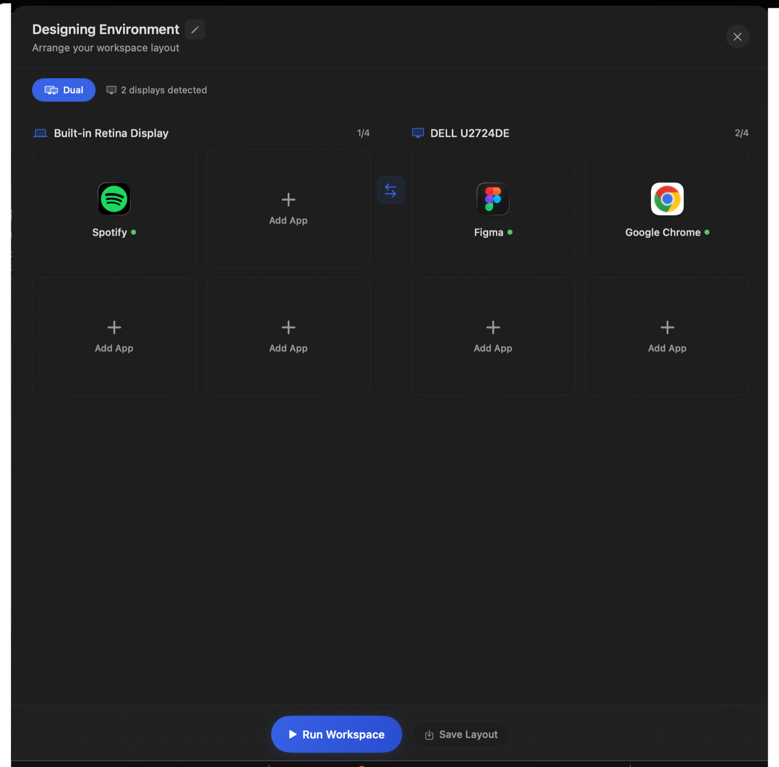 Workspace editor with two display columns and app slots