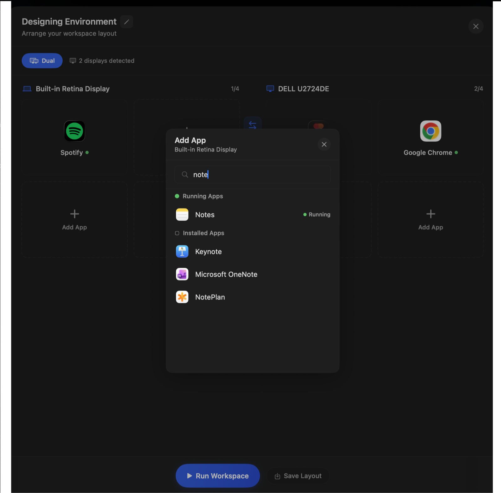 Add App search showing running and installed apps