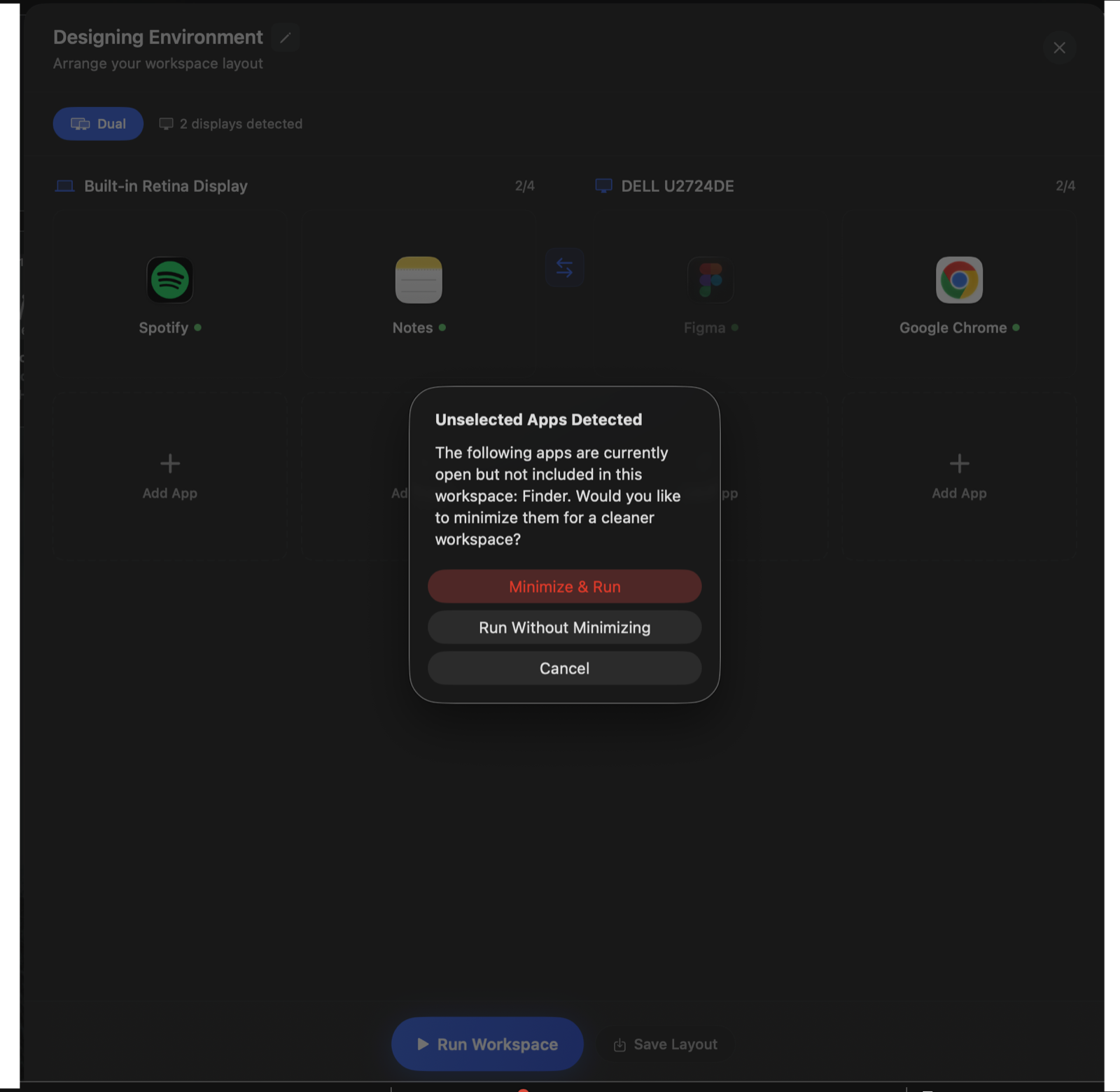 Unselected apps detected dialog with Minimize and Run option