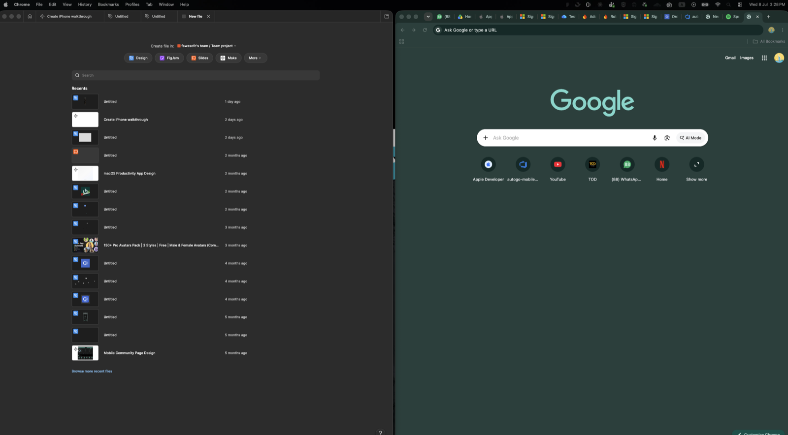 Figma and Chrome tiled side by side on the external display
