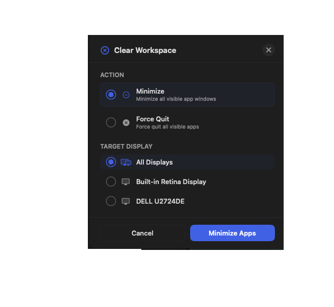 Clear Workspace dialog with minimize and force quit options per display