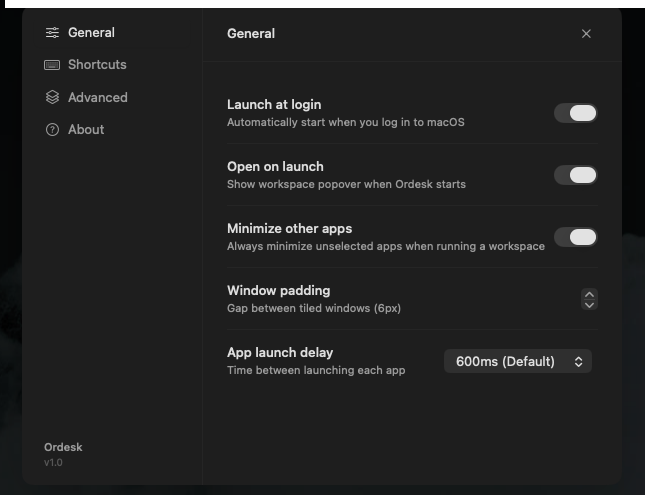 Ordesk general settings with launch at login and window padding