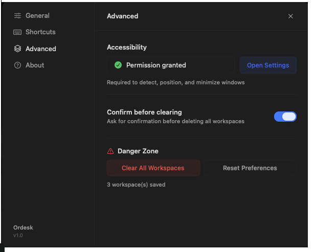 Ordesk advanced settings showing accessibility permission granted